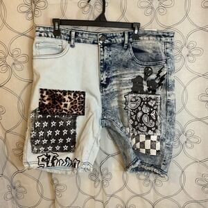 Rue 21 Premium Denim Mens Jean Shorts Patchwork Supreme Flex Graffiti Size 30